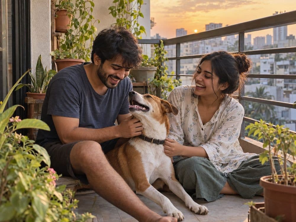 A young couple laughing with their Indie dog on their balcony