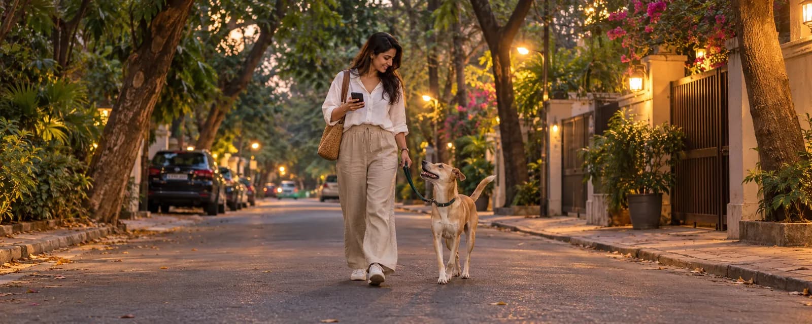 A woman walking her fawn Indie dog down a tree-lined lane at dusk