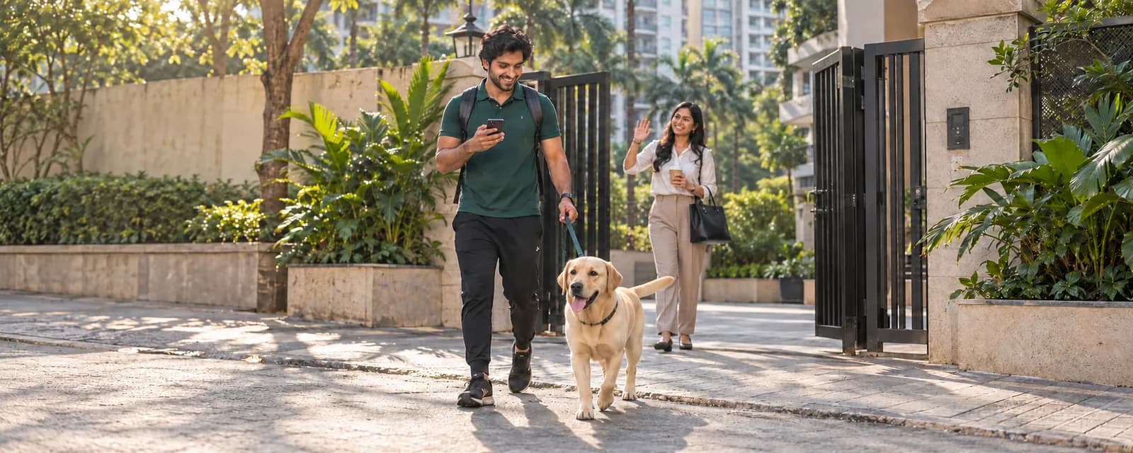 A dog walker leading a Labrador out of a society gate while the owner waves