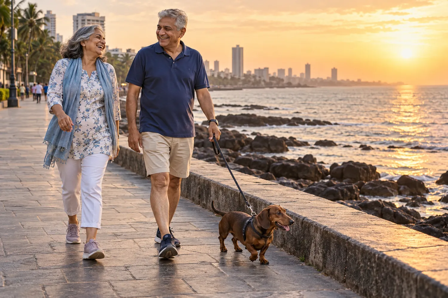 A retired couple walking their dachshund on Bandstand promenade at sunrise