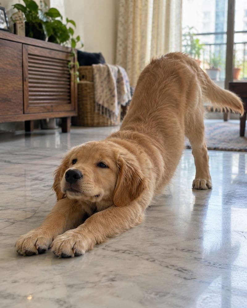 A puppy stretching happily after a walk