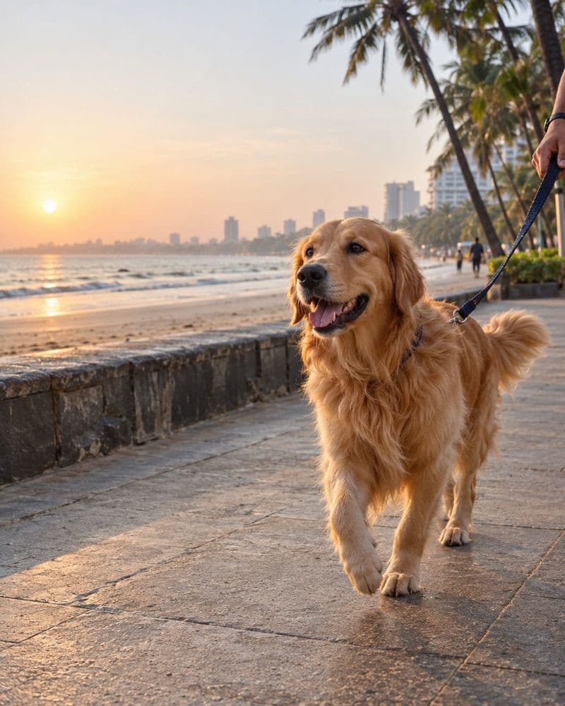 A golden retriever trotting on the Juhu promenade at sunrise