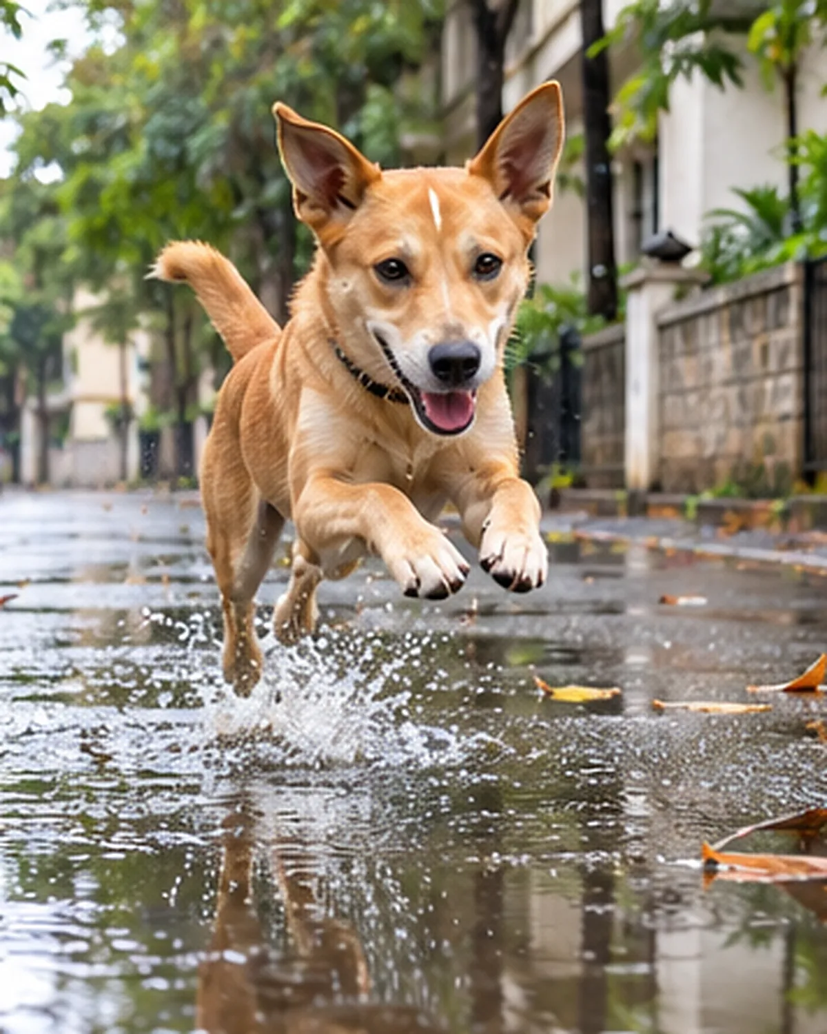 Kaju, a fawn Indie, leaping over a monsoon puddle on a Bandra lane
