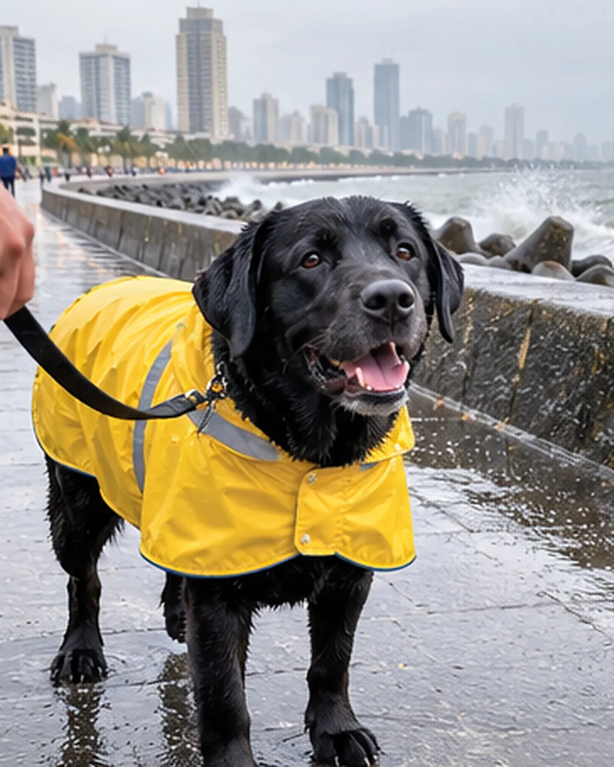 Rocky, a black Labrador in a yellow raincoat on Marine Drive